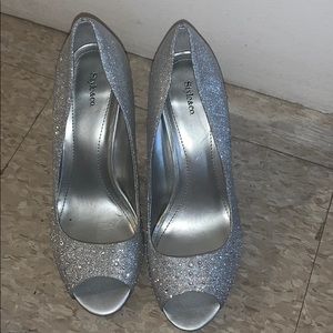 Sparkly silver open toe heels